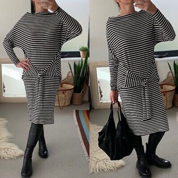 Norma Kamali Dresses & Skirts - Designer Norma Kamali B&W striped smooth stretch hip tie dress sz S NWOT